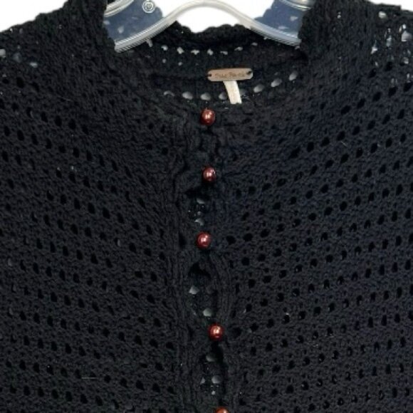 Free People Crochet Boho Cotton Peplum Top Buttons Cardigan Sweater Black M - Picture 7 of 12